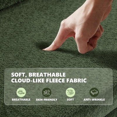 Close-up of green fabric texture with soft, cloud-like fleece features