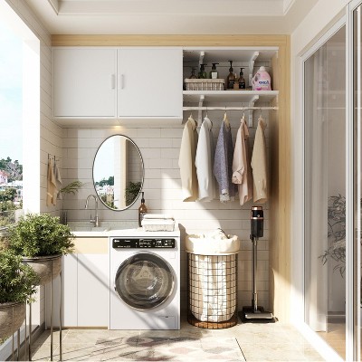 Aheaplus Wall Cabinet with Hanging Rods, Laundry Cabinet with Shelves, Reversible Cabinet with Door & Shelf Tower