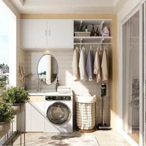Aheaplus Wall Cabinet with Hanging Rods, Laundry Cabinet with Shelves, Reversible Cabinet with Door & Shelf Tower - 1 of 4