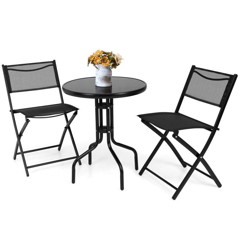Tangkula 3-Piece Patio Bistro Dining Furniture Set, Outdoor Patio Conversation Set with Round Black Tempered Glass Tabletop and 2 Folding Chairs, 1 of 10