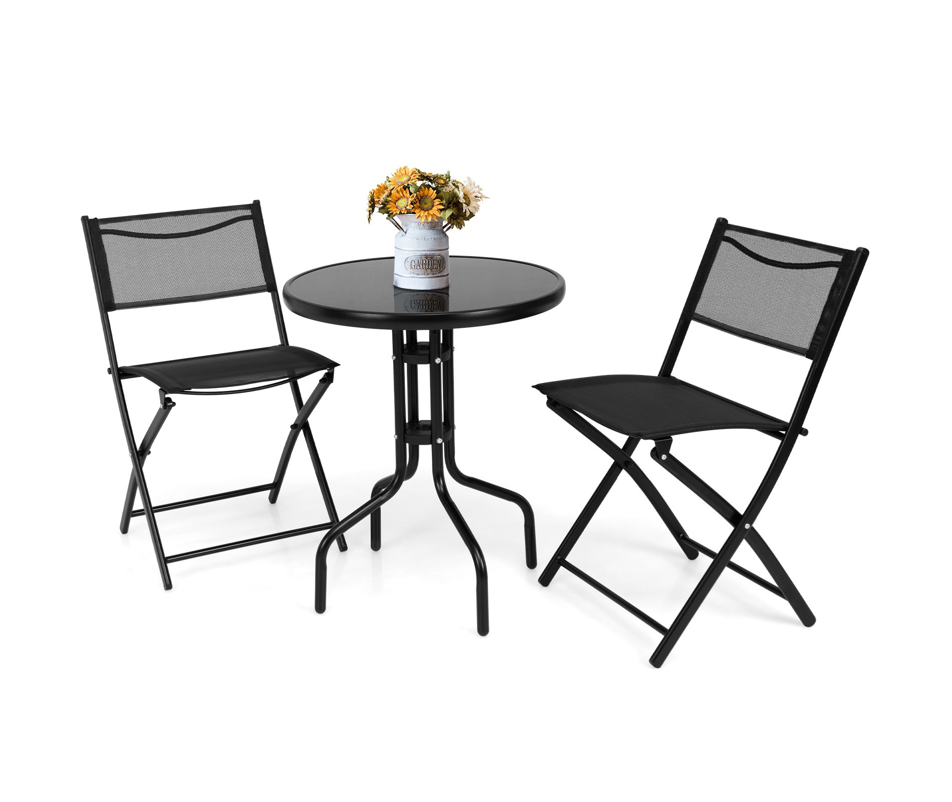 Tangkula 3-Piece Patio Bistro Dining Furniture Set, Outdoor Patio Conversation Set with Round Black Tempered Glass Tabletop and 2 Folding Chairs