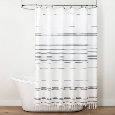 Stitch Stripe Shower Curtain Sour Cream/Faded Blue - Hearth & Hand™ with Magnolia