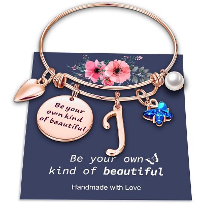 Butterfly Initial Bracelets for Teen Girls and Women with Crystal Butterfly and Pearl, Expandable Bangle