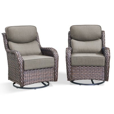 POCASSY Outdoor Swivel Rocker Patio Swivel Chairs Set of 2, 6" Thick Cushions All Weather Brown Wicker Swivel Glider Chairs with High Back for Porch