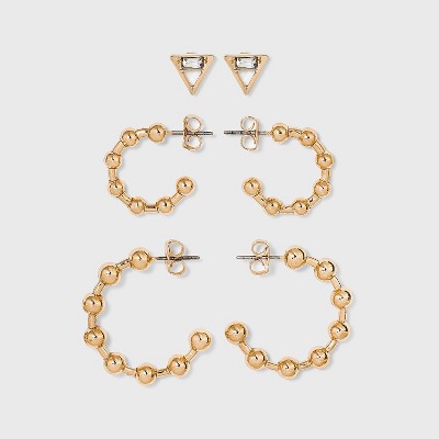 Stud and Ball Hoop Trio Earrings - A New Day™ Gold