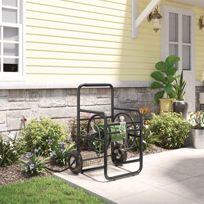 Black Steel Manual Crank Hose Reel Cart with Flat-Free Tires