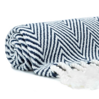 Navy and White Chevron Knitted Acrylic Throw Blanket with Tassels