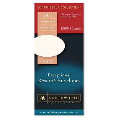 Southworth 100% Cotton #10 Resume Envelope 4 1/8 x 9 1/2 White 24lb Wove 50/Box R1410L