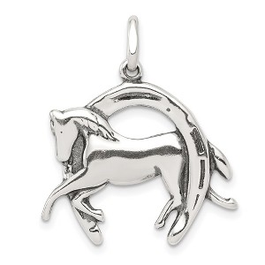 Black Bow Jewelry Sterling Silver Antiqued 3D Horse and Horseshoe Pendant - 1 of 4