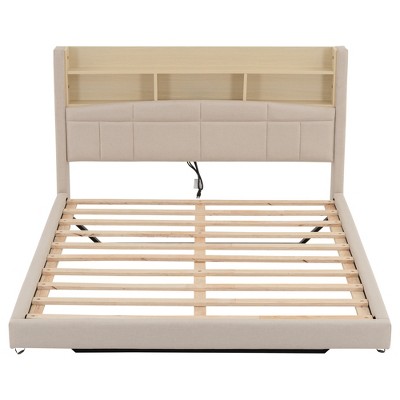 TiramisuBest Queen Size Upholstered Floating Bed with LED and Storage Headboard - Beige Upholstered Design