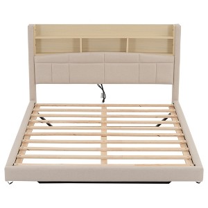 TiramisuBest Queen Size Upholstered Floating Bed with LED and Storage Headboard - Beige Upholstered Design - 1 of 4