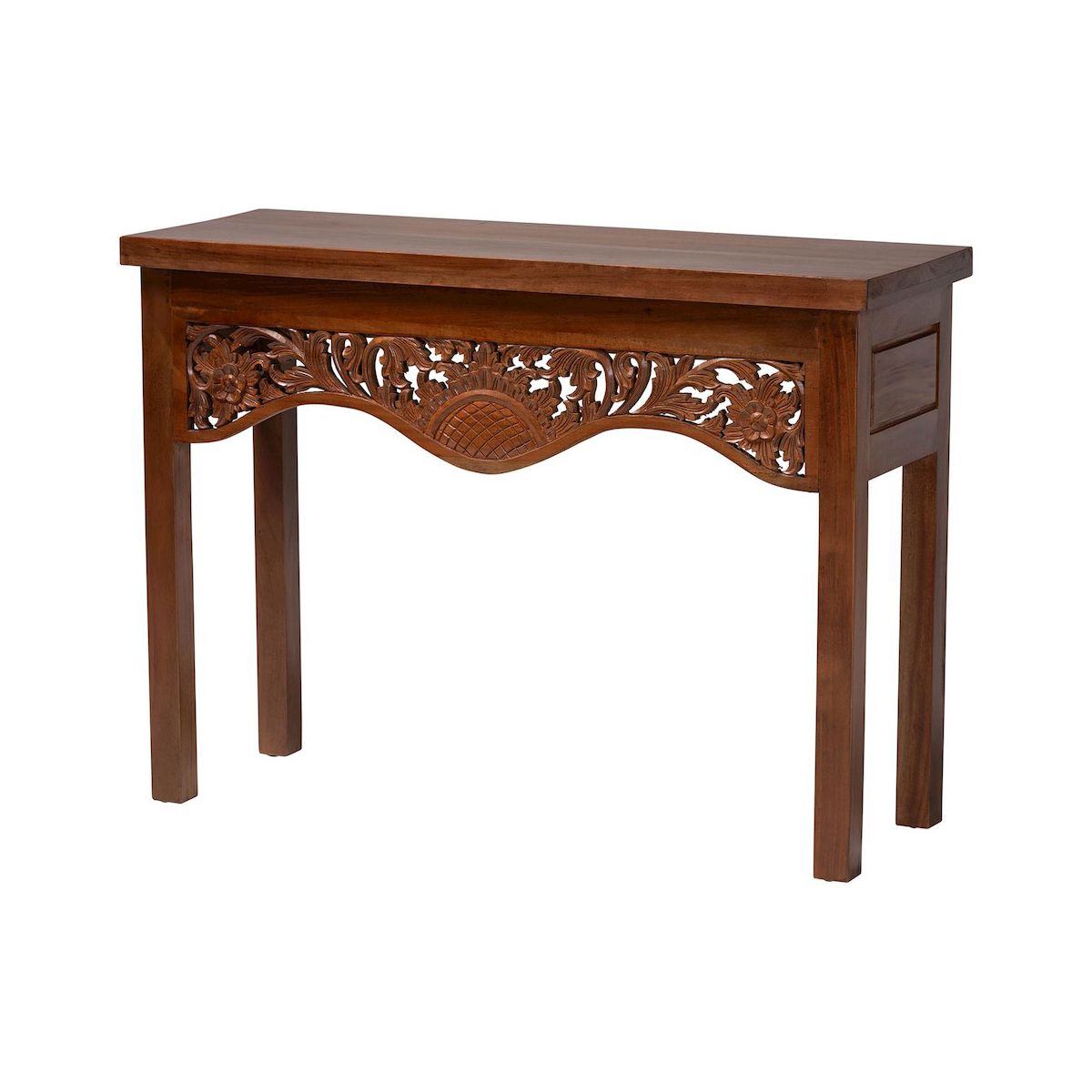 bali & pari,Alannis Mahogany Wood Console Table - Accent Table with Carved Floral Apron for