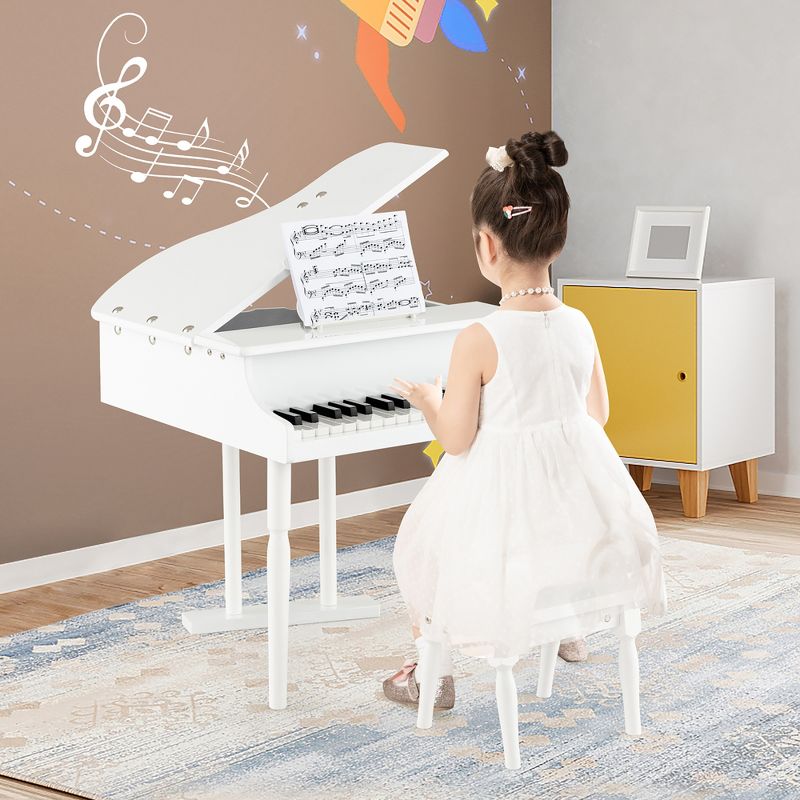 Costway 30 Key Classical Kids Piano Wooden Musical Instrument Toy w/ Stand & Stool White, 2 of 11