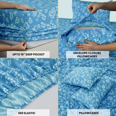 King Blue Floral Microfiber Deep Pocket Sheet Set
