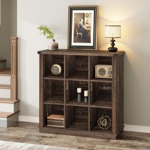 9-Cube Storage Organizer Bookshelf, 4-Tier Farmhouse Horizontal Wood Bookcase, 37.4" Long Low Storage Shelf for Entryway, Living Room - 1 of 4