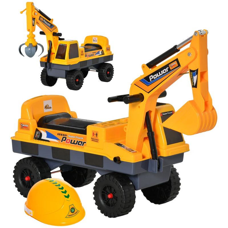 Qaba No Power Construction Ride On Toy Construction Truck, Multi-functional Excavator Digger with Workable Digging Bucket, Yellow, 1 of 7