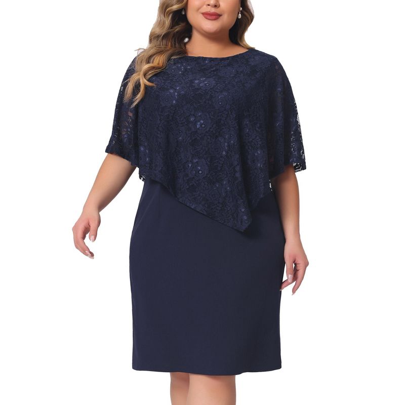 Agnes Orinda Women's Plus Size Lace Overlay Cape with Sleeveless Party Pencil Bodycon Dress, 1 of 6
