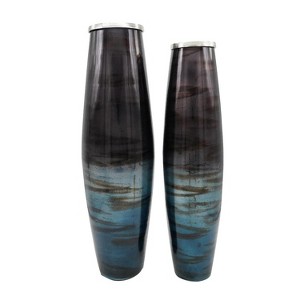 HomeRoots Set of Two Black And Blue Abstract Glass Cylinder Floor Vases - 1 of 4