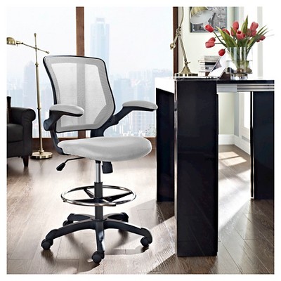 Gray Mesh Adjustable Swivel Drafting Stool with Flip-Up Arms