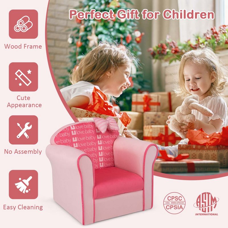 Costway Kids Cute Pink Bow Sofa Children Couch Toddler Upholstered Armchair Solid Wood, 4 of 11
