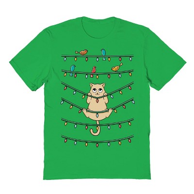 Rerun Island Men's Cat And Birds Christmas Short Sleeve Graphic Cotton T-Shirt