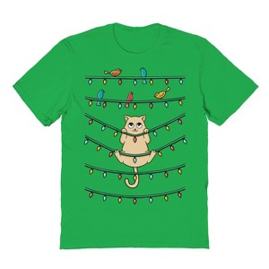 Rerun Island Men's Cat And Birds Christmas Short Sleeve Graphic Cotton T-Shirt - 1 of 1