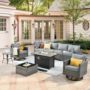 Ovios Venice 9pc Wicker Outdoor Patio Furniture Set Conversation Sofa with a Metal Fire Pit, Swivel Chairs and Cushions - 1 of 4