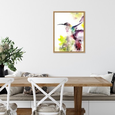 Vibrant Hummingbird Watercolor Canvas Print with Natural Frame