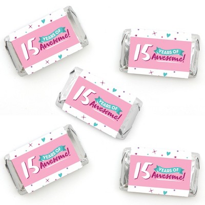 Big Dot of Happiness Girl 15th Birthday - Mini Candy Bar Wrapper Stickers - Teen Birthday Party Small Favors - 40 Count