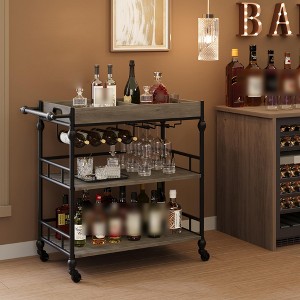 3 Tier Rolling Bar Cart with Wine Rack, Mobile Serving Cart with Wheels & Removable Tray, Liquor Beverage Cart,Microwave Drink Cart, Brown - 1 of 4