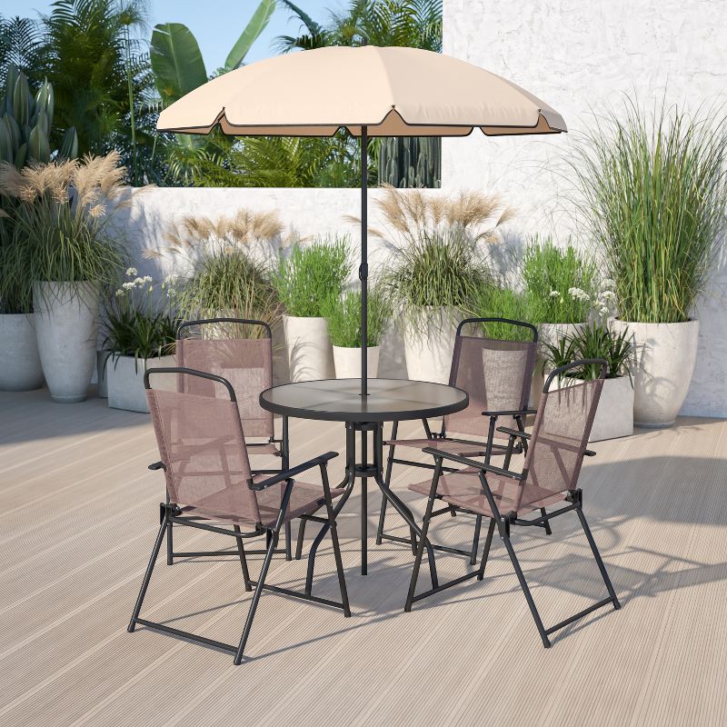 Emma and Oliver 6 Piece Patio Garden Set with Table, Umbrella and 4 Folding Chairs, 3 of 14