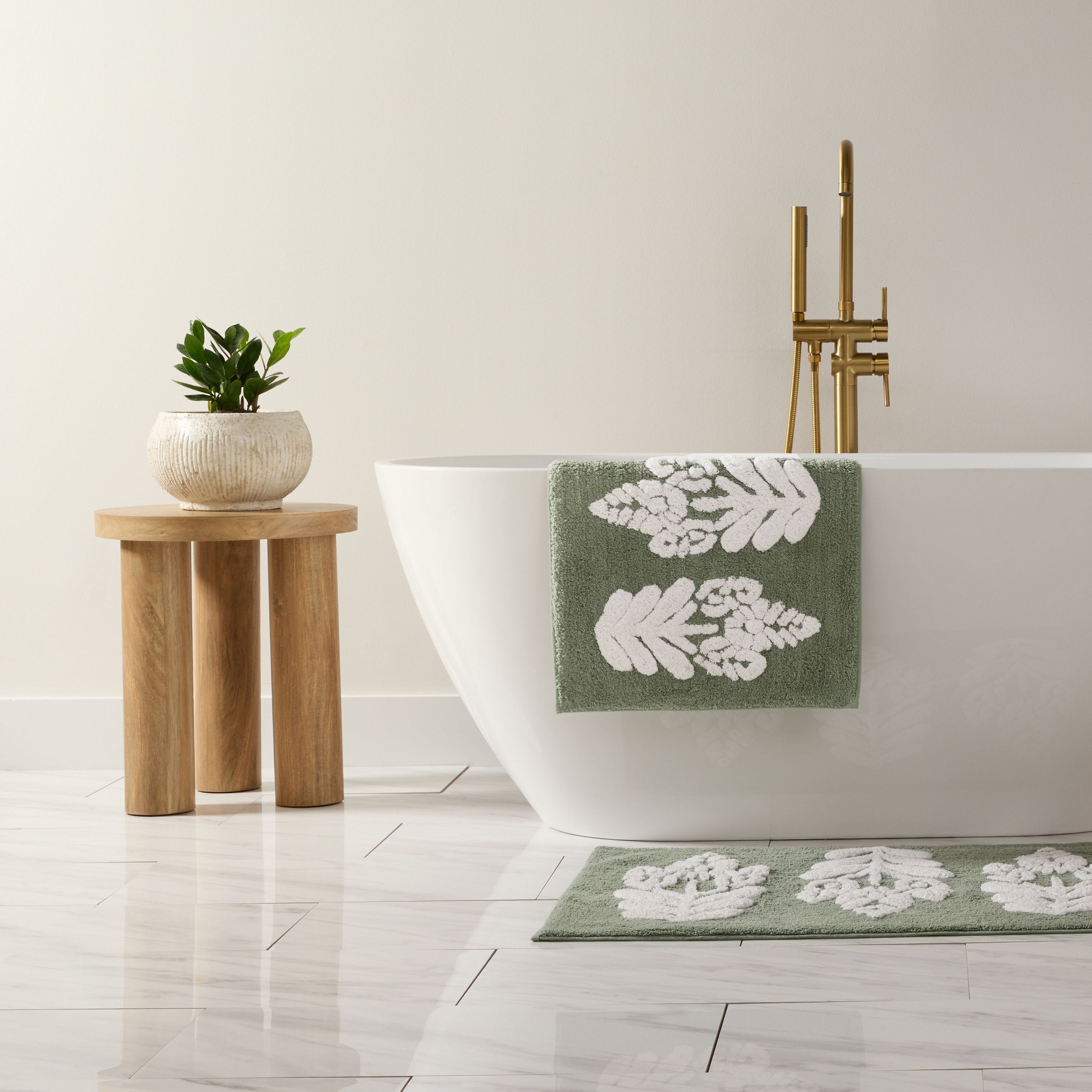 24in Floral and Geo Patterns Cotton Bath Mat, Tufted Bath Rug, Absorbent Non Slip Bathroom Rug, Washable - Becky Cameron, Folk Leaves Sage, 24" x 17"