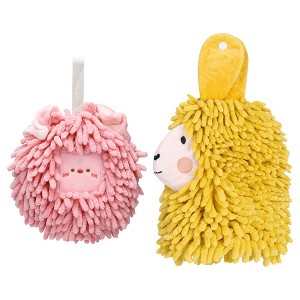 REGALWOVEN Absorbent Soft Chenille Cartoon Alpaca Fuzzy Ball Bathroom Hanging Hand Towels 7" x 7"/7" x 11" 2 Pcs - 1 of 4