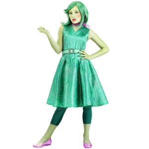 HalloweenCostumes.com Girl's Disgust Costume | Disney and Pixar Inside Out Kids Green Dress Costumes with Purple Scarf and Green Wig - 1 of 4