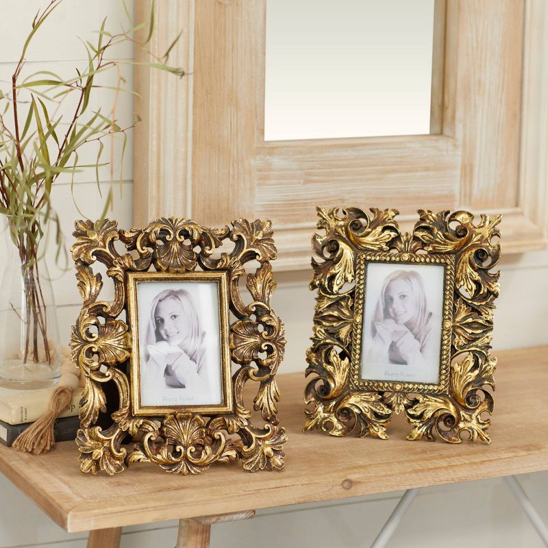 Set of 2 Polystone Scroll Handmade Intricate Carved 1 Slot Photo Frames Gold - Olivia &#38; May, 2 of 13