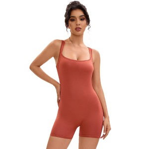 Allegra K Women's Square Neck Tummy Control Bodycon Rompers Sleeveless Shorts Body Shapers - 1 of 4