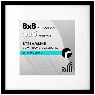 Americanflat 8x8 Picture Frame with Shatter-Resistant Glass - 5x5 with Mat or 8x8 Without Mat - Streamline - Square Frames - Black