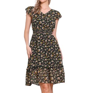 Allegra K Women's Floral Flutter Sleeves V Neck Smocked Ruffle Sundresses - 1 of 4