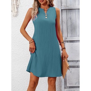 Women Summer Dress Casual V Neck Dress Sleeveless Pleated Sundress Loose T-Shirt Work Office A-Line Dresses - 1 of 4