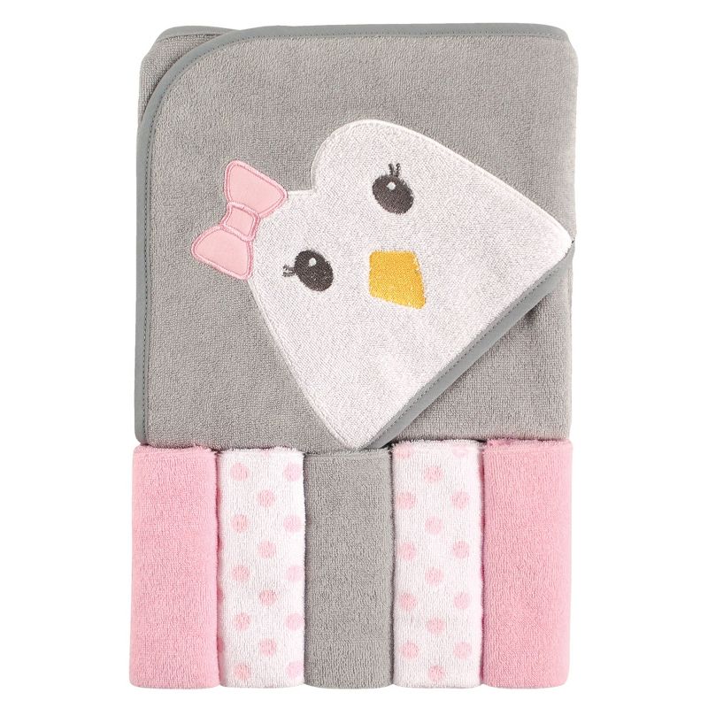 Luvable Friends Baby Girl Hooded Towel with Five Washcloths, Penguin, One Size, 1 of 4