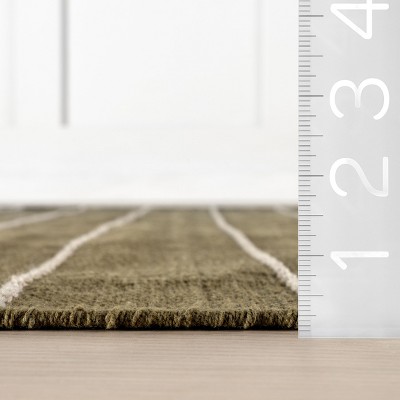 Handmade Olive Green Wool and Cotton Striped Rectangular Rug