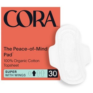 Cora Organic Cotton Ultra Thin Fragrance Free Pads with Wings for Periods - Super Absorbency - 30ct - 1 of 4