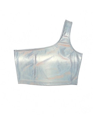 INSPIRE CHIC Women's Metallic Cropped One-Shoulder Party Cropped Holographic Tank Tops