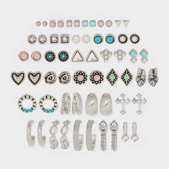 Cross Butterfly and Heart Stud and Hoop Earring Set 30pc - Wild Fable™ Silver/Teal/Pink