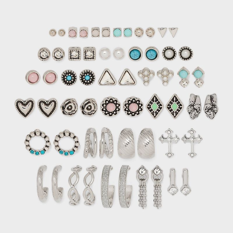 Cross Butterfly and Heart Stud and Hoop Earring Set 30pc - Wild Fable&#8482; Silver/Teal/Pink, 1 of 3
