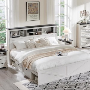 SinCiDo Farmhouse King Sized Wooden Bed Frame, with Charging Station and Led Lights, 52" High Headboard and 4 Large Drawers, Noise Free - 1 of 4