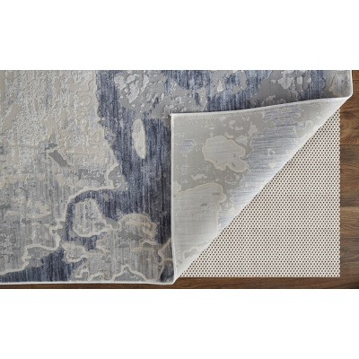 Ivory and Blue Abstract Synthetic Runner Rug