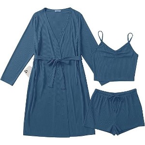 Ekouaer Rib Knit Pajamas Set for Women 3 Piece Lounge Sets Soft Cami and Shorts Pjs with Cardigan Loungewear - 1 of 4