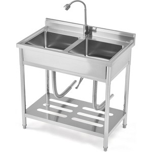 Acekool 2-Compartment Stainless Steel Utility Sink, Double Bowl with 360° Faucet, Storage Shelf, Adjustable Feet for Restaurant & Garage - 1 of 4