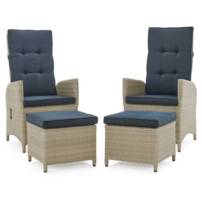 Haven 5-Piece Gray Wicker Recliner Set with Blue Cushions